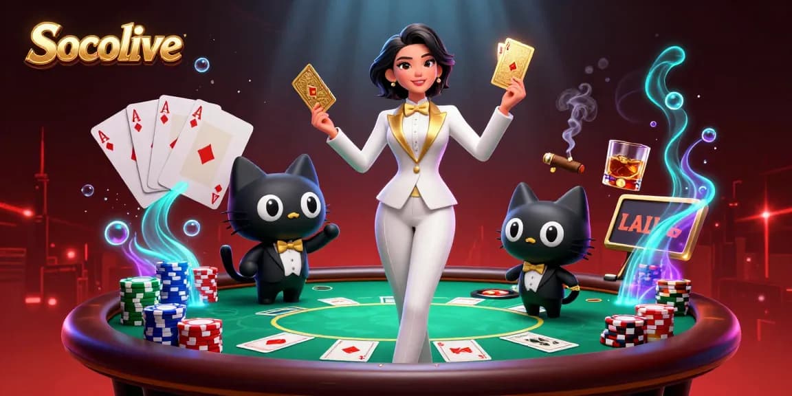 Socolive promotes exhilarating poker action with a glamorous dealer, stacks of chips, and intense gameplay.
