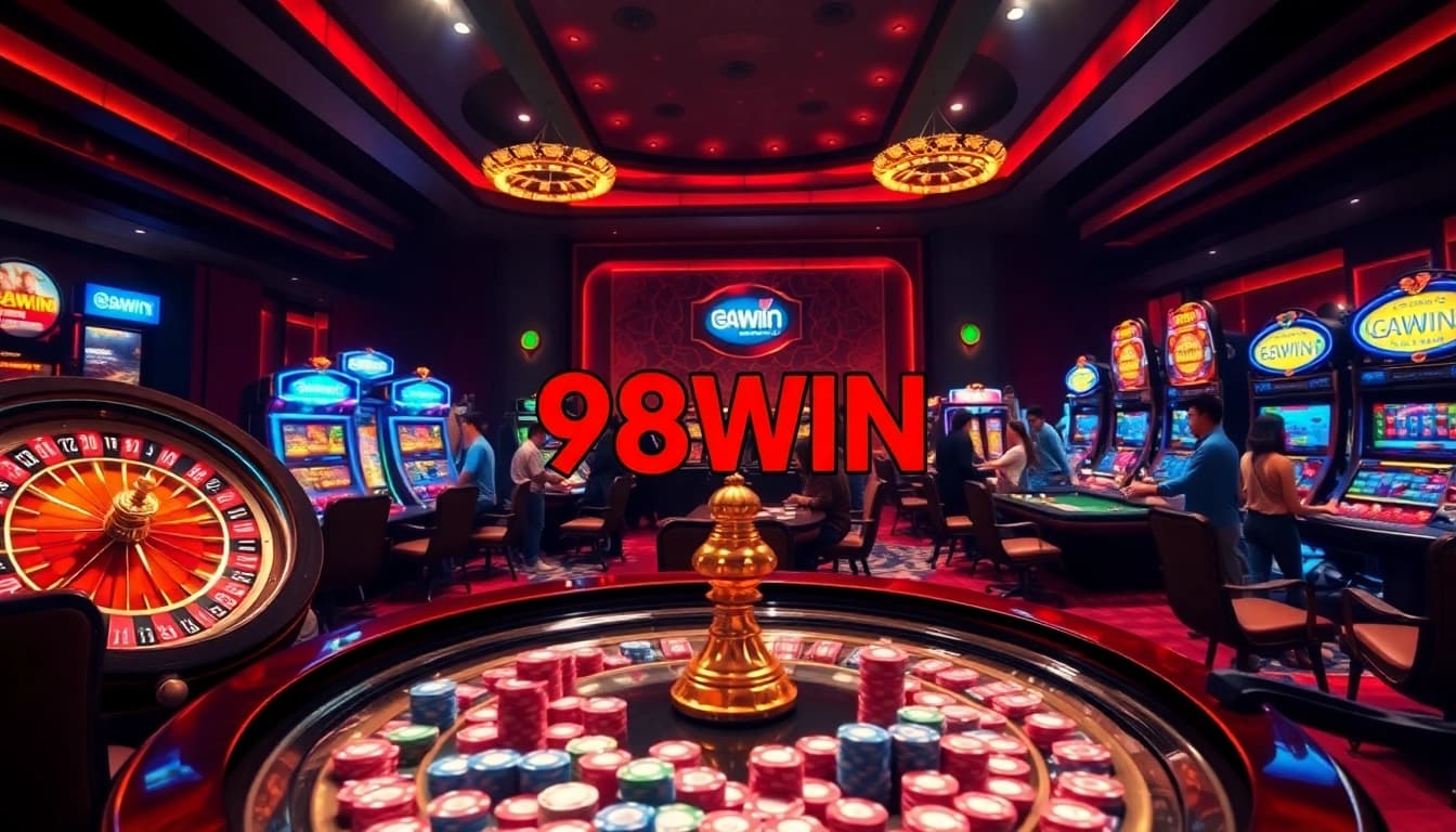 A dynamic casino scene showcasing 98WIN's exciting gaming offerings with roulette wheel and poker action.