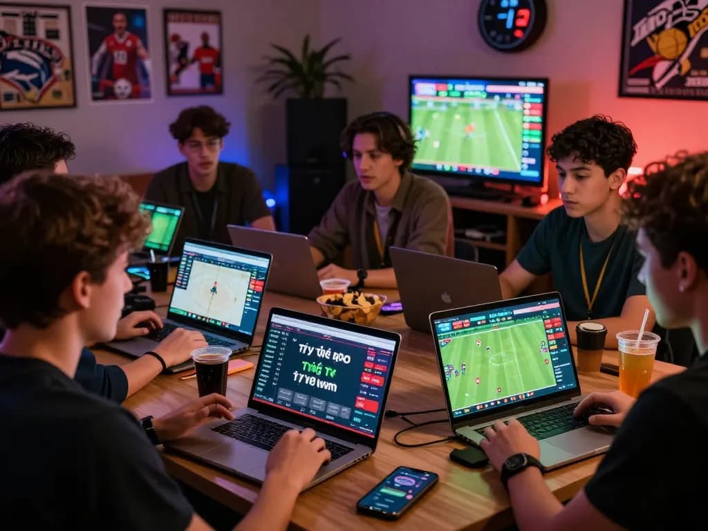Fans analyzing tỷ lệ kèo in a vibrant sports betting environment, showcasing excitement and camaraderie.