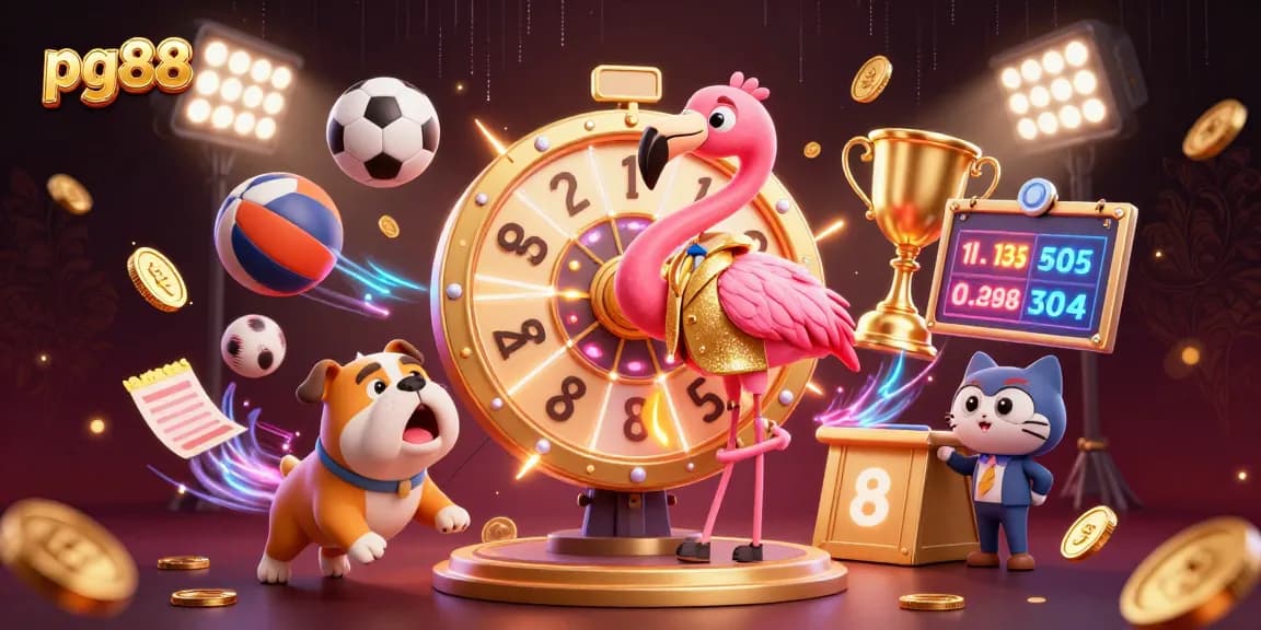 Engage in pg88 online casino action with a vibrant 3D illustration depicting a game show host, bulldog contestant, and prizes.