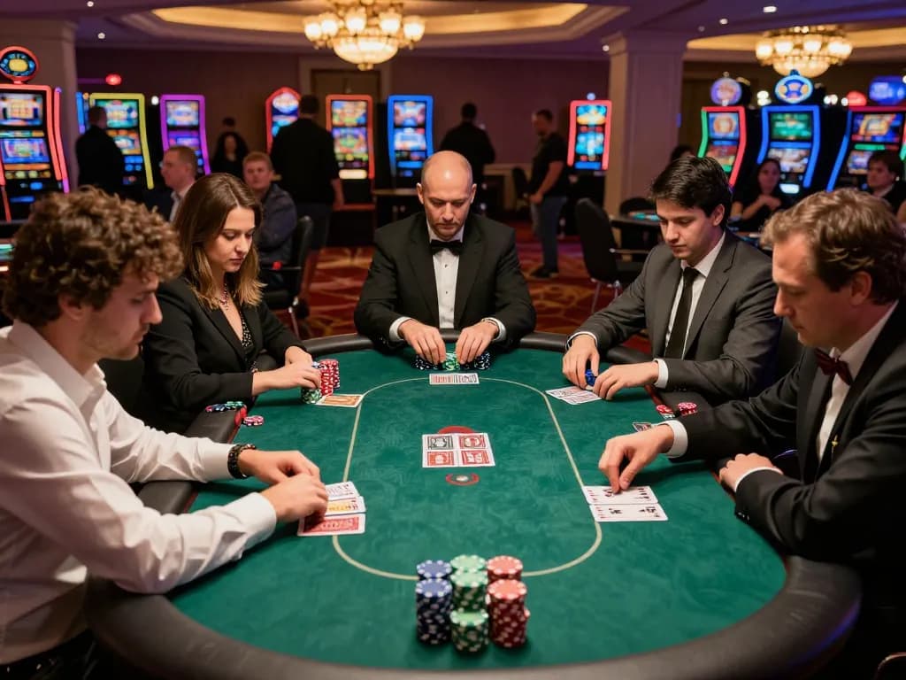 Experience high-stakes gameplay with LV88 at a luxurious poker table, capturing competitive tension.