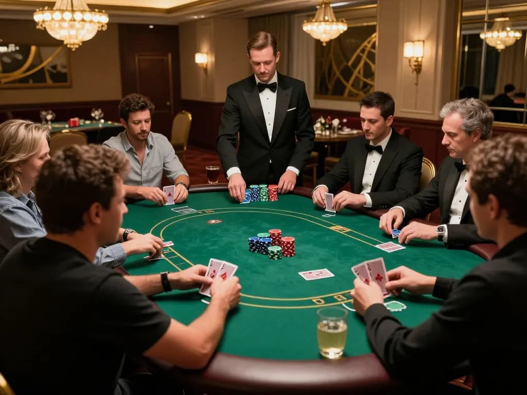 Players engaged in a high-stakes poker game at VIPWIN2, showcasing strategy and excitement in an elegant setting.