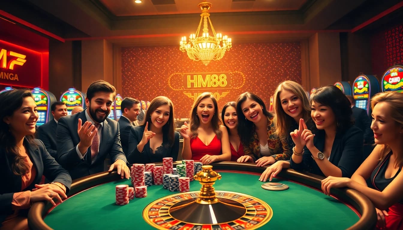 Players enjoy an immersive HM88 casino experience at a lavish gaming table full of excitement.