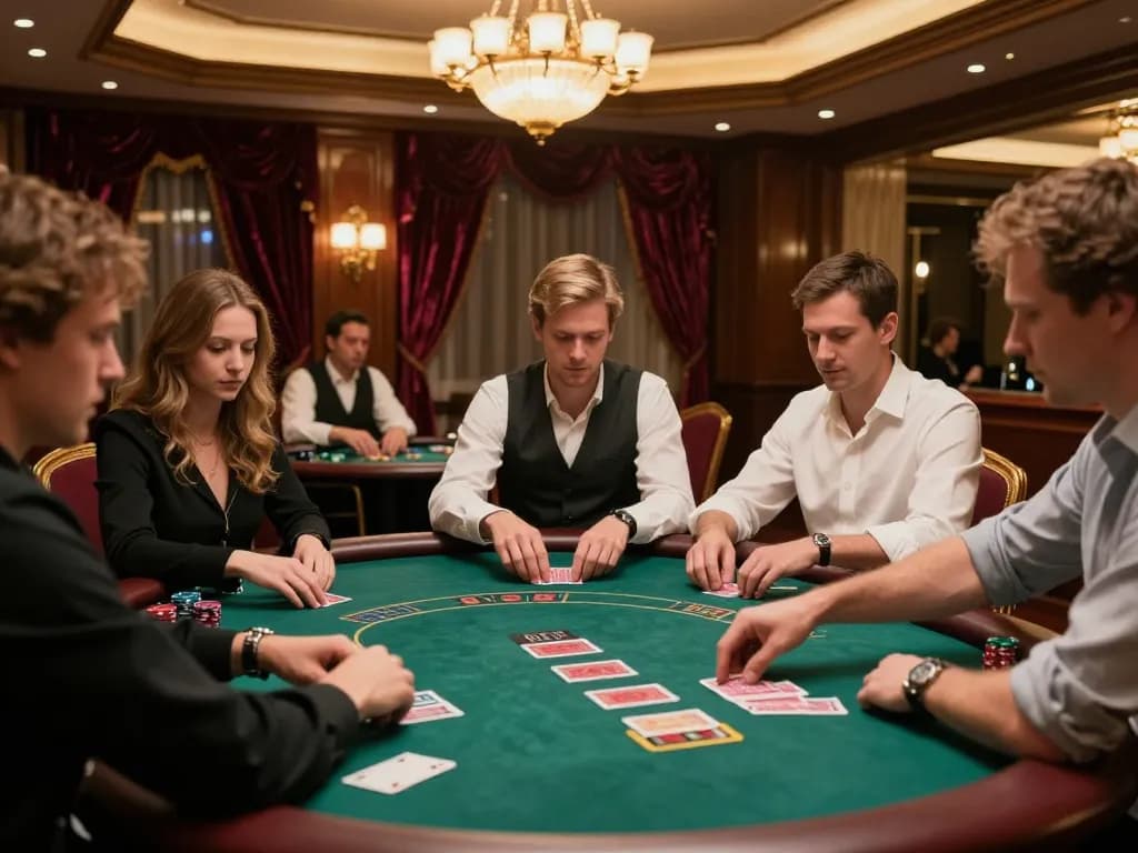 Players at a vibrant 789Win casino table placing bets and engaged in poker strategy.