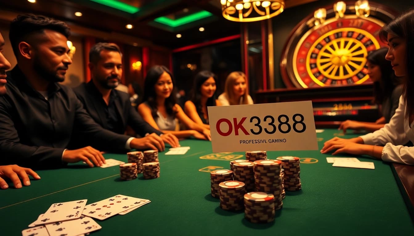 Experience the thrill of poker at OK 8386's luxurious casino, with players immersed in high-stakes action.