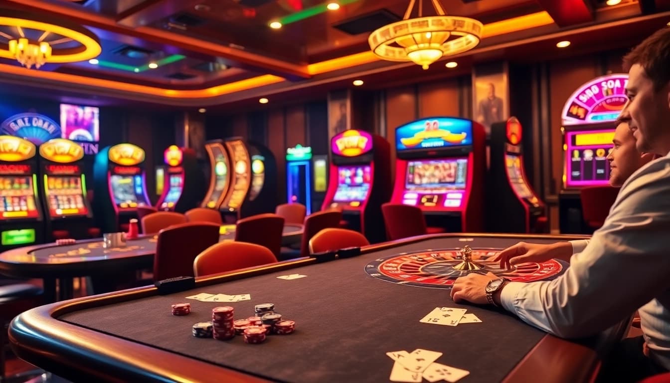 High-stakes action at SODO CASINO with vibrant poker games, roulette, and slot machines.