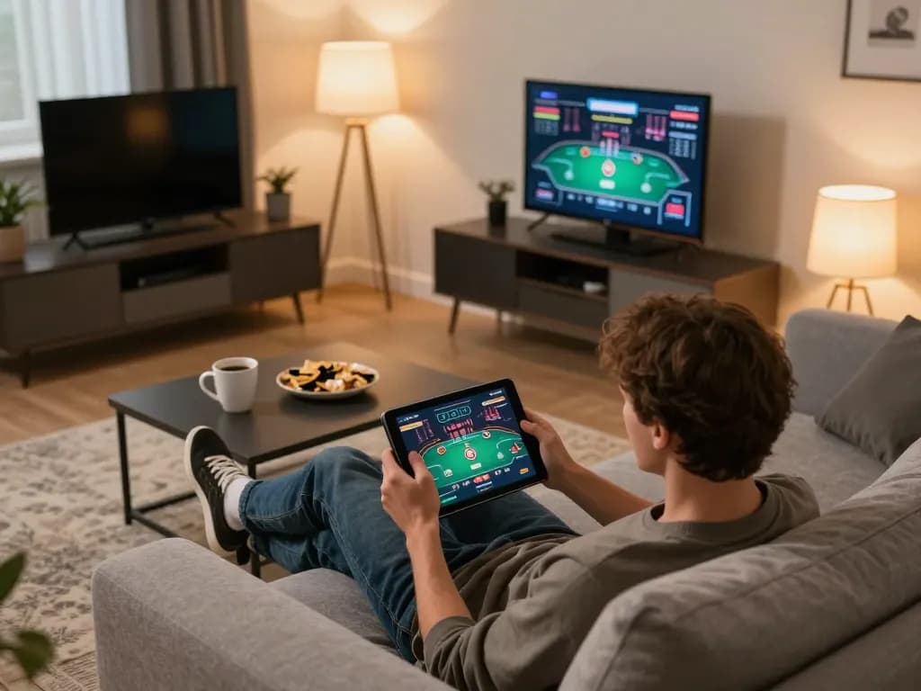 Engaged player enjoying online gaming at Tg88.com on a tablet in a cozy home atmosphere