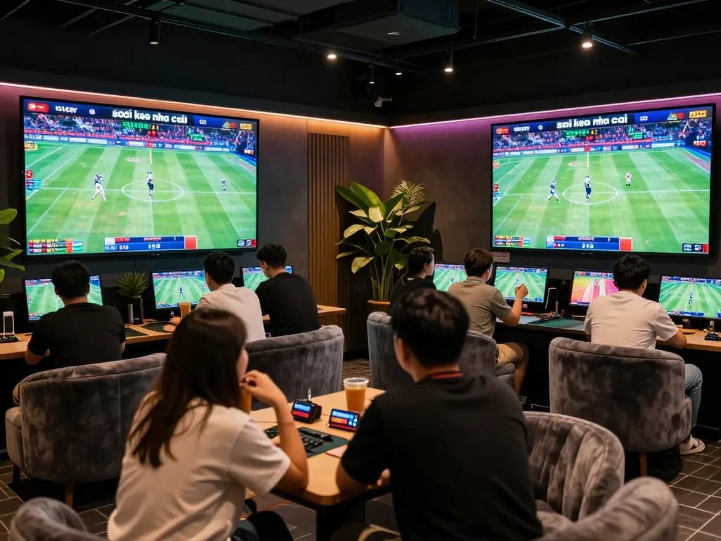 Dynamic sports betting scene showcasing bettors strategizing for 'soi keo nha cai'.