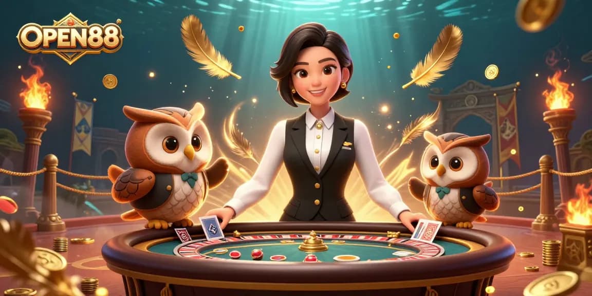 Experience thrilling gameplay at OPEN88 with a dynamic online casino scene featuring a professional dealer and 3D owl.