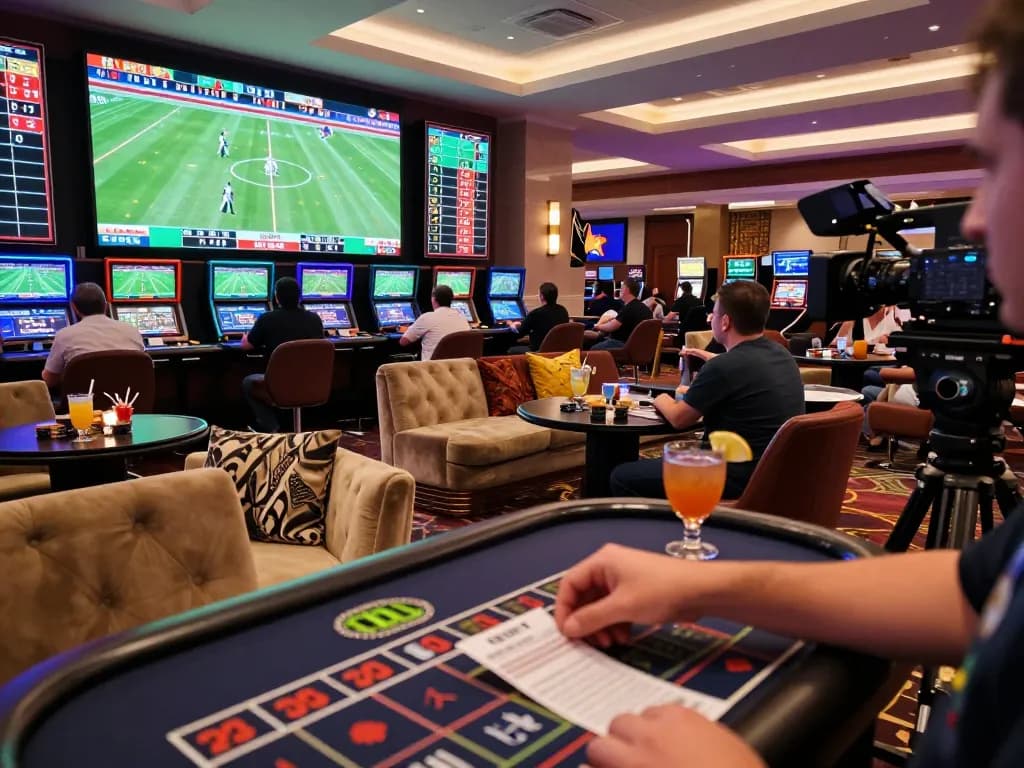 Betters placing wagers while enjoying Cakhia TV broadcasts live in a luxurious casino sports betting area