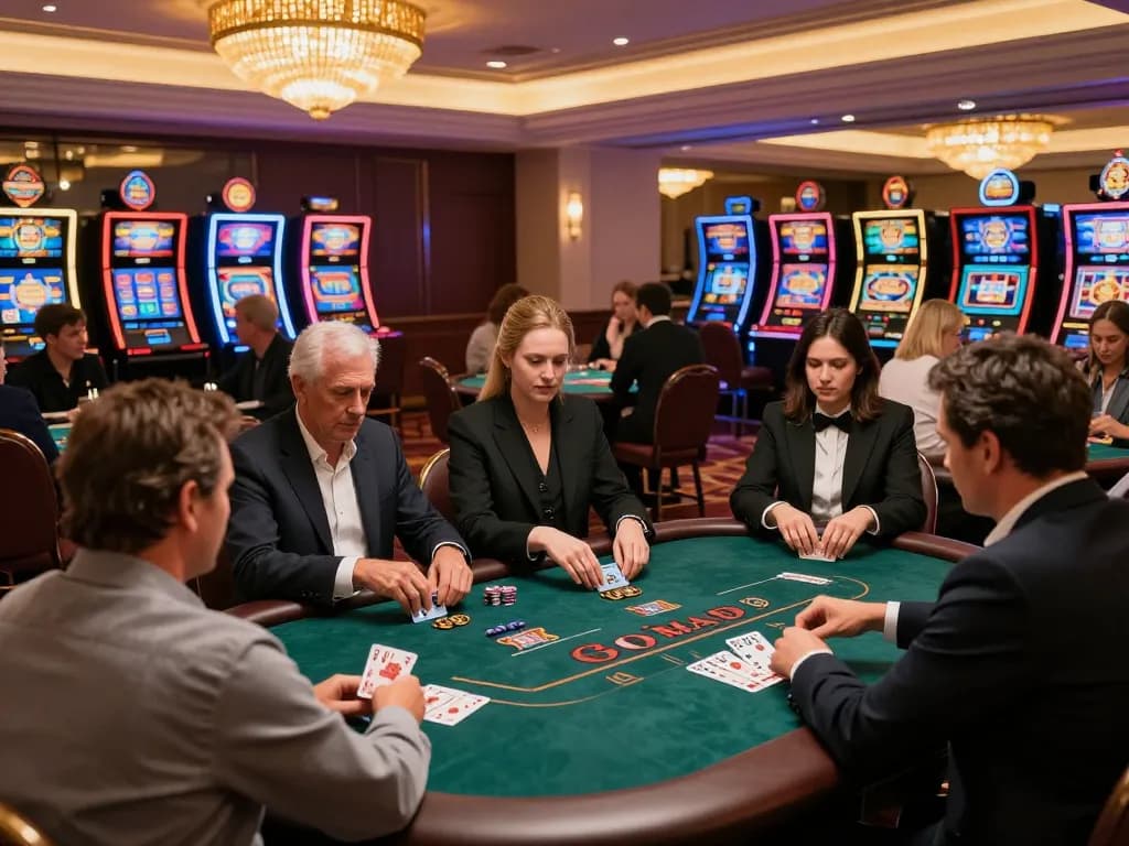 GO8 Poker players strategizing in an upscale casino atmosphere amid colorful slot machines.