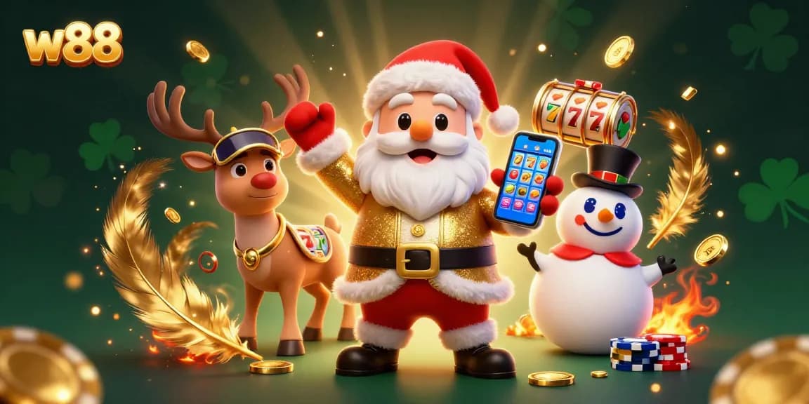 Experience the excitement of w88 slots with Santa, reindeer, and snowman in a festive casino scene.