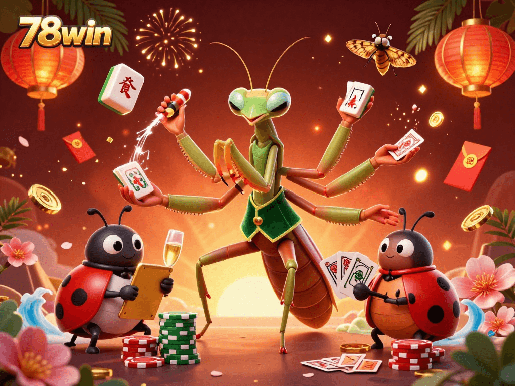 Engage with the 78win experience showcasing dynamic characters and festive gaming elements.