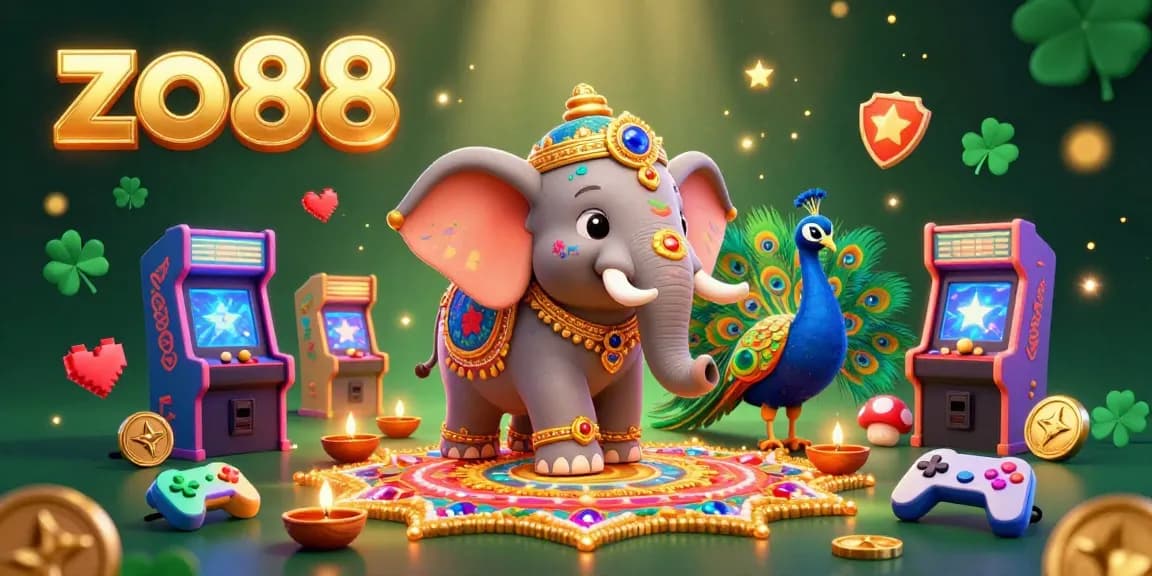 Engage with zo88's vibrant casino experience through a colorful scene featuring an ornate elephant, peacock, and dynamic gaming elements.