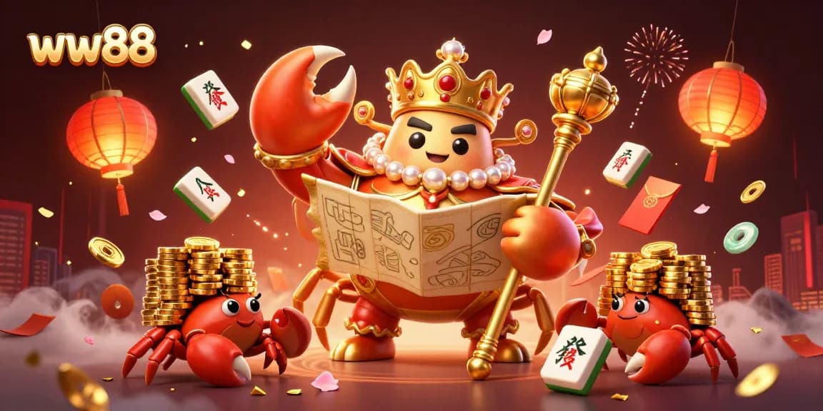 Experience thrilling wins at ww88, featuring a glorious golden crab emperor and vibrant casino elements.