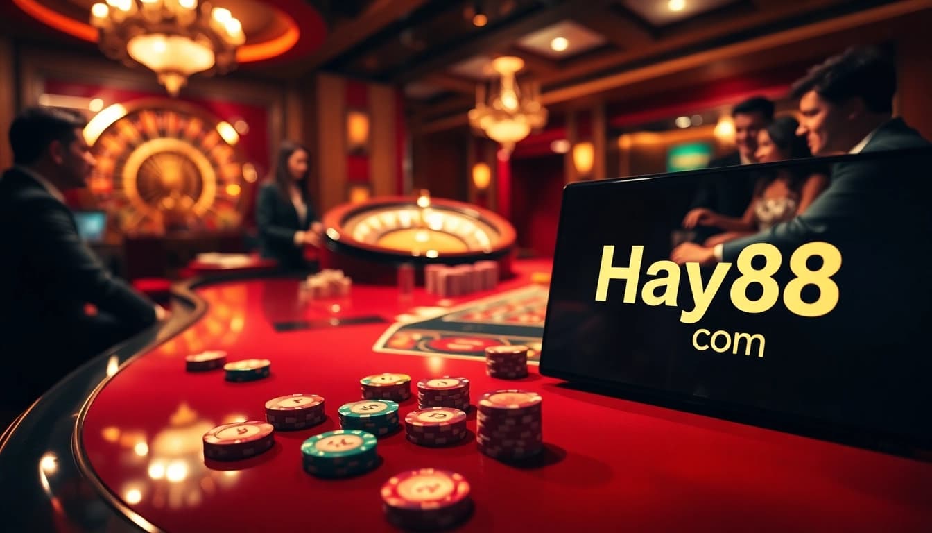 Experience excitement at Hay88 com with players engaging at a luxury casino table.