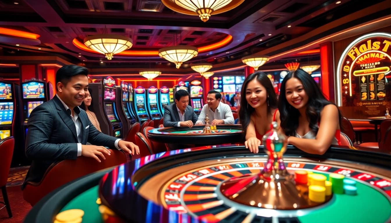 FLY88 casino scene featuring lively gamblers enjoying slot machines and poker tables.