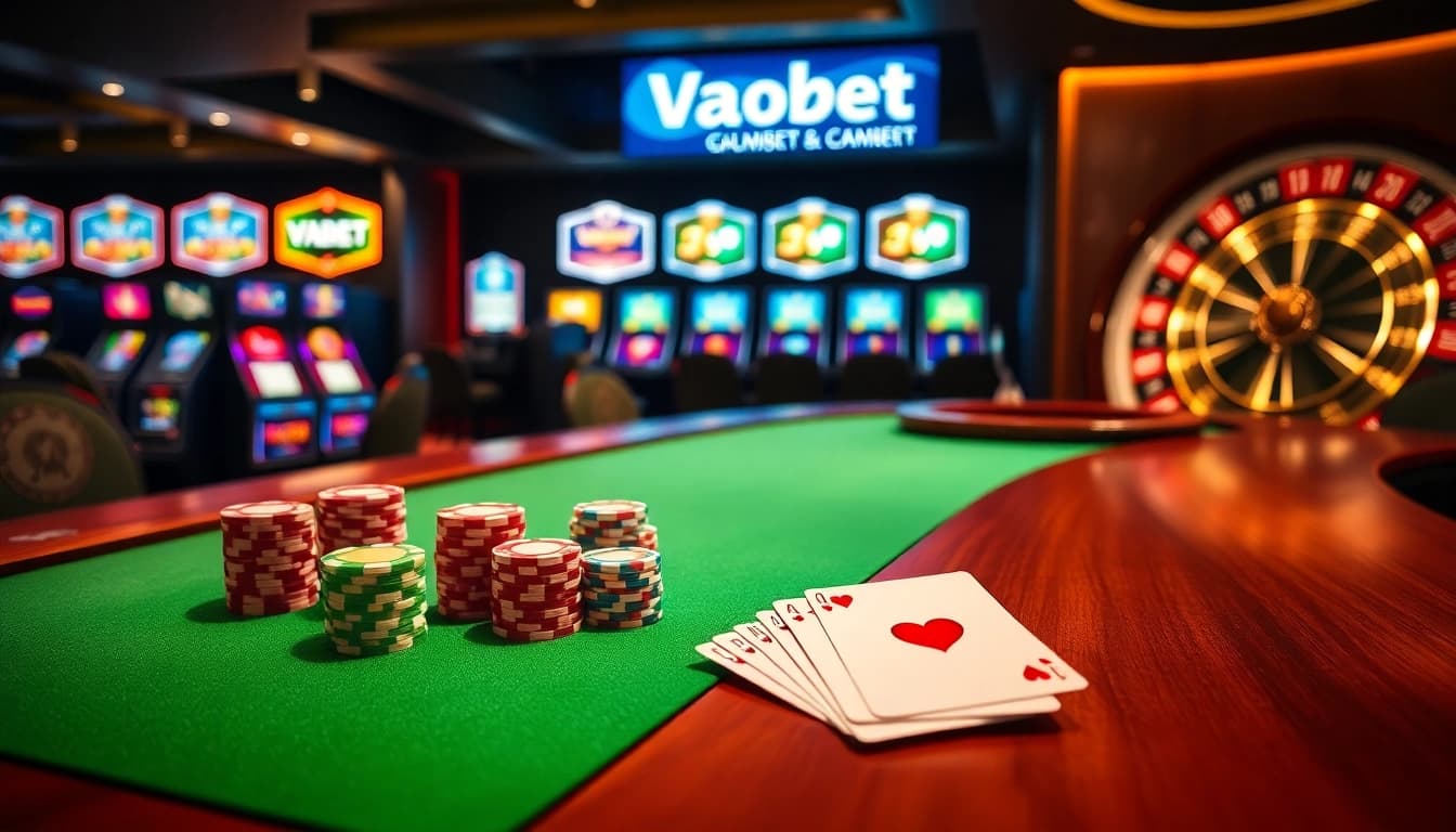 Vaobet casino ambiance featuring poker chips, a roulette wheel, and live gaming action.