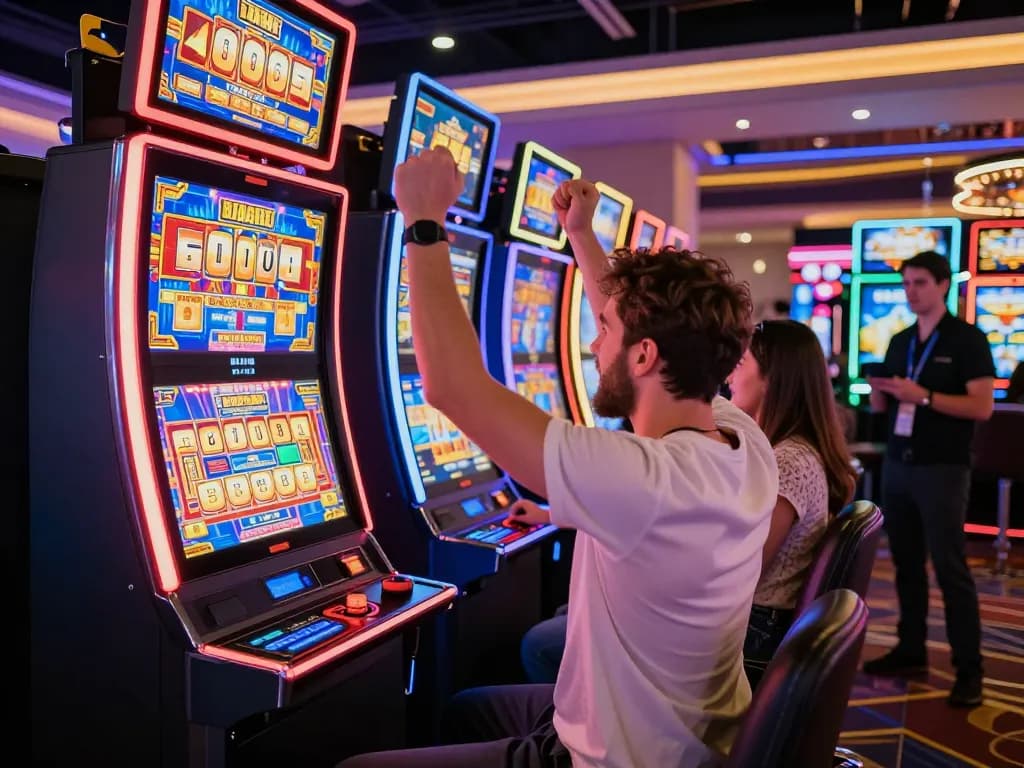 Nohu90 player celebrating a big win at a vibrant slot machine in a modern casino.