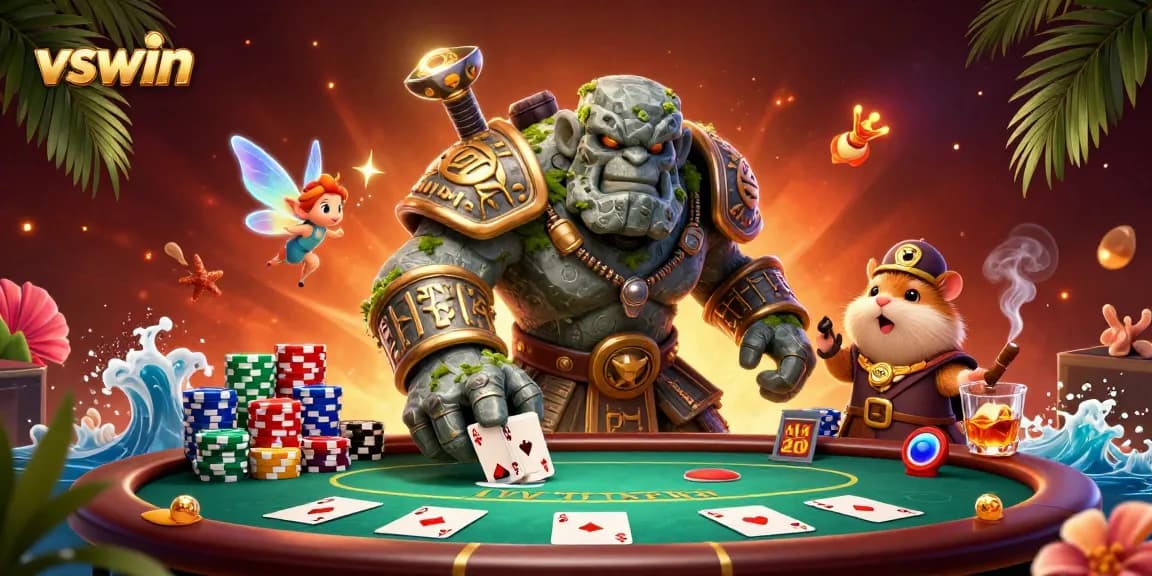 Join the excitement at vswin with a lively 3D illustration of a golem and companions at a poker table.