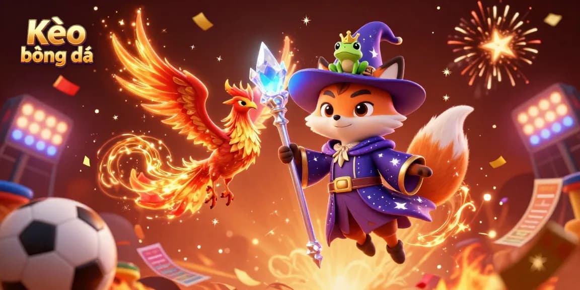 Kèo bóng đá lively illustration showcasing a wizard fox and phoenix among vibrant sports betting elements.