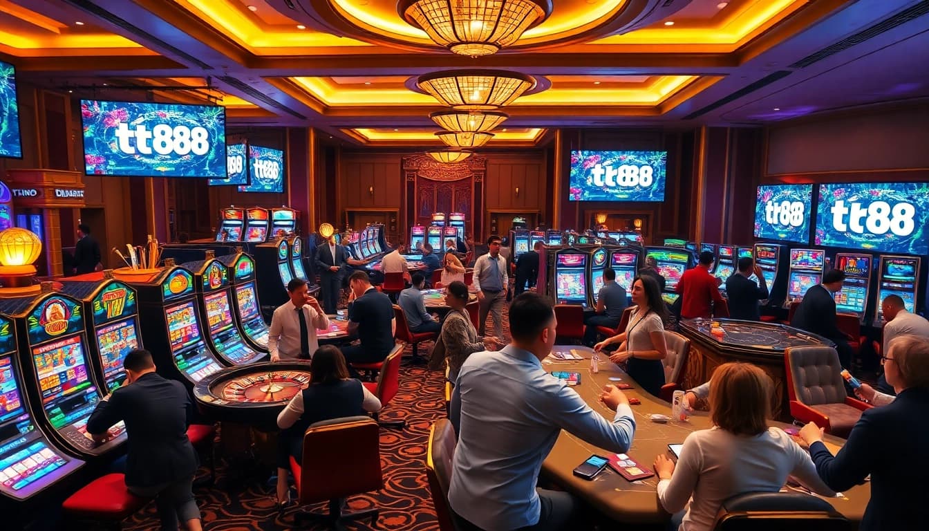 Players enjoying a lively casino atmosphere at tr88, with vibrant slots and intense poker games.