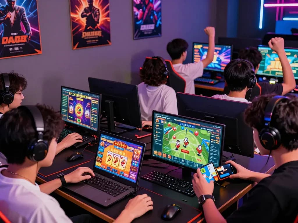 Exciting gaming environment at nhà cái DA88 with players enjoying various games on multiple devices.