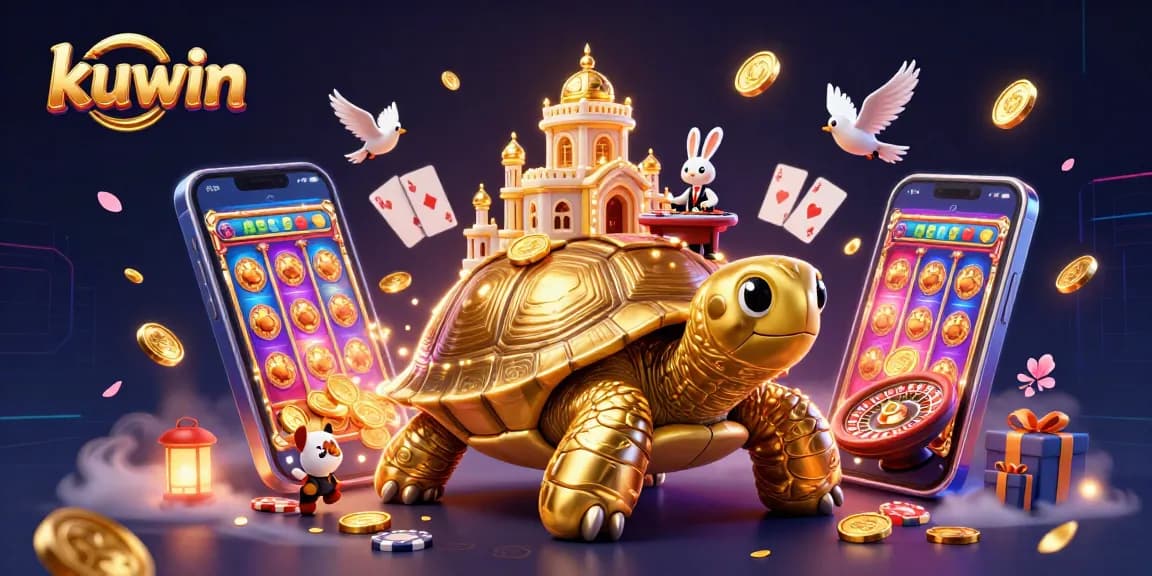 Play exciting slots at kuwin while enjoying a vibrant casino atmosphere replete with golden tortoises and dynamic game elements.