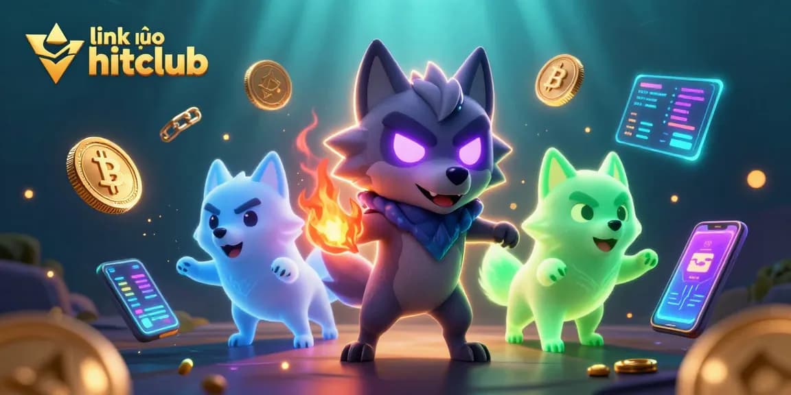 Spin and win with link vào hitclub at this vibrant 3D casino scene, featuring glowing wolf leaders and crypto coins.