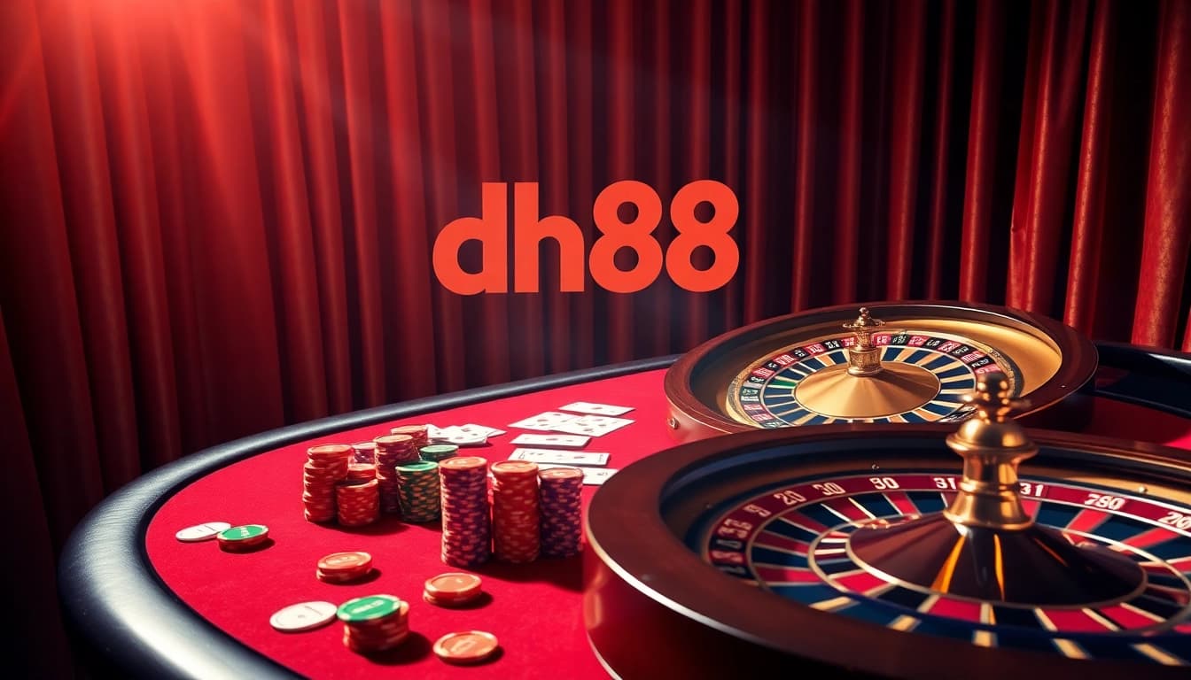 Engage in thrilling casino action with dh88 chips and cards at a luxurious gambling table.