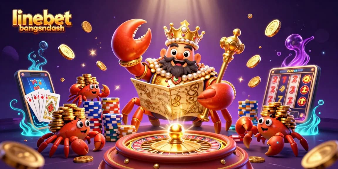 Engage in vibrant gaming adventures with linebetbangladesh, featuring a golden crab and dynamic casino elements.