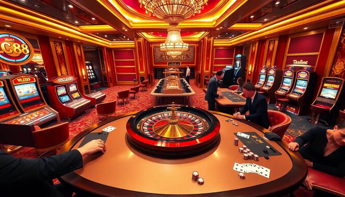 LC88 casino players engage in exciting games at a luxurious roulette table amid vibrant slot machines.