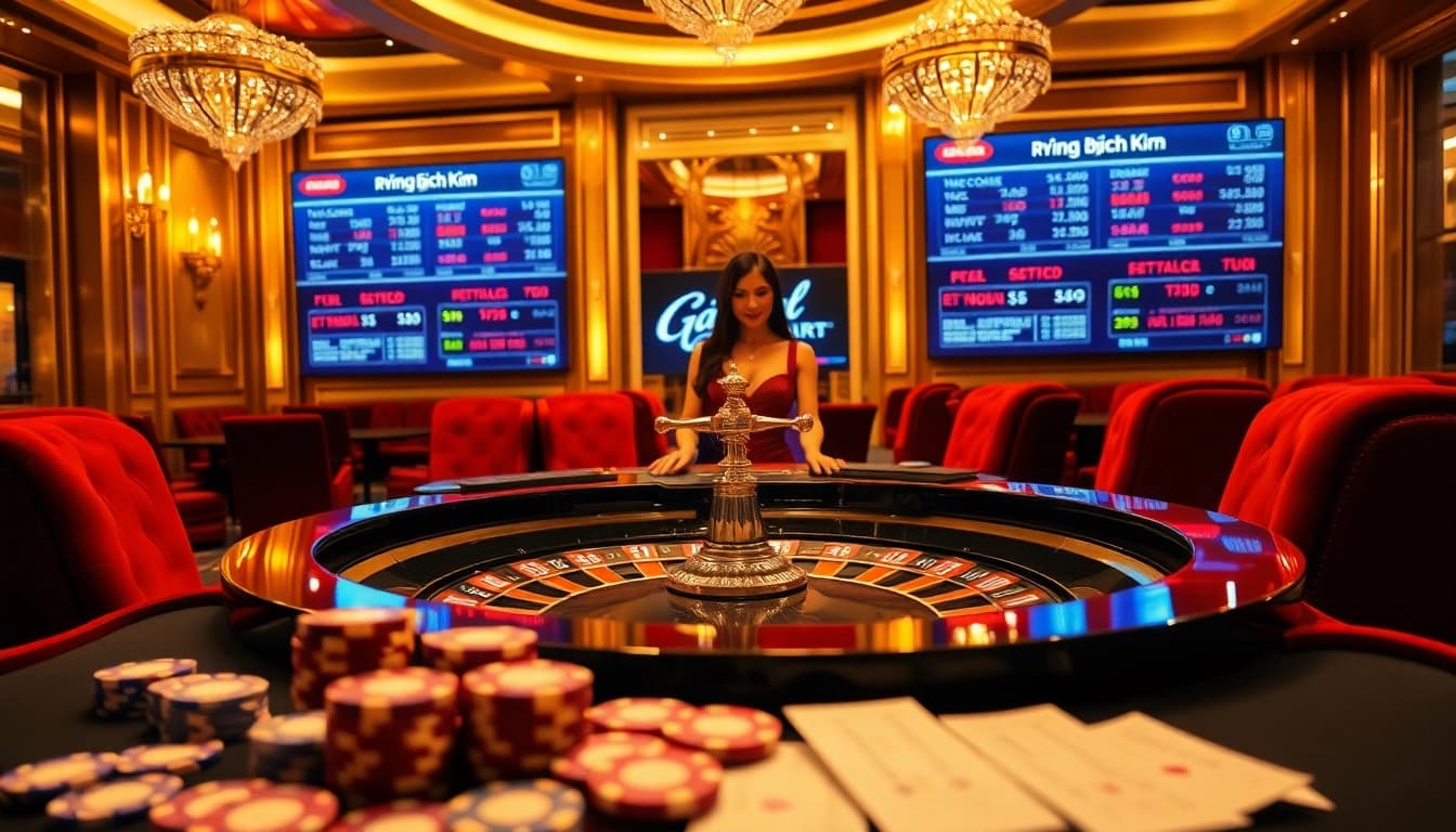 Experience the thrill of rồng bạch kim at a luxurious casino with glamorous tables and excited players.