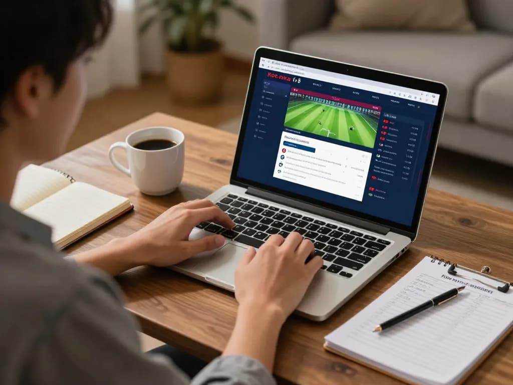 Engaging with Keo nha cai 5 sports betting at home, analyzing strategies on laptop.