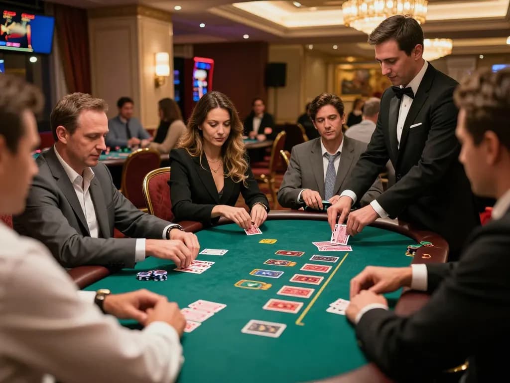 Players enjoying a thrilling blackjack game at a vibrant casino, showcasing a premium 789win experience.