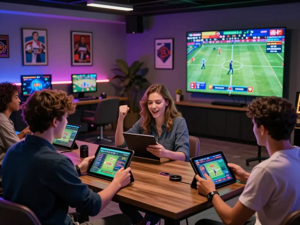 Participants enjoying diverse gaming experiences at nhà cái Goal123 in a modern lounge.