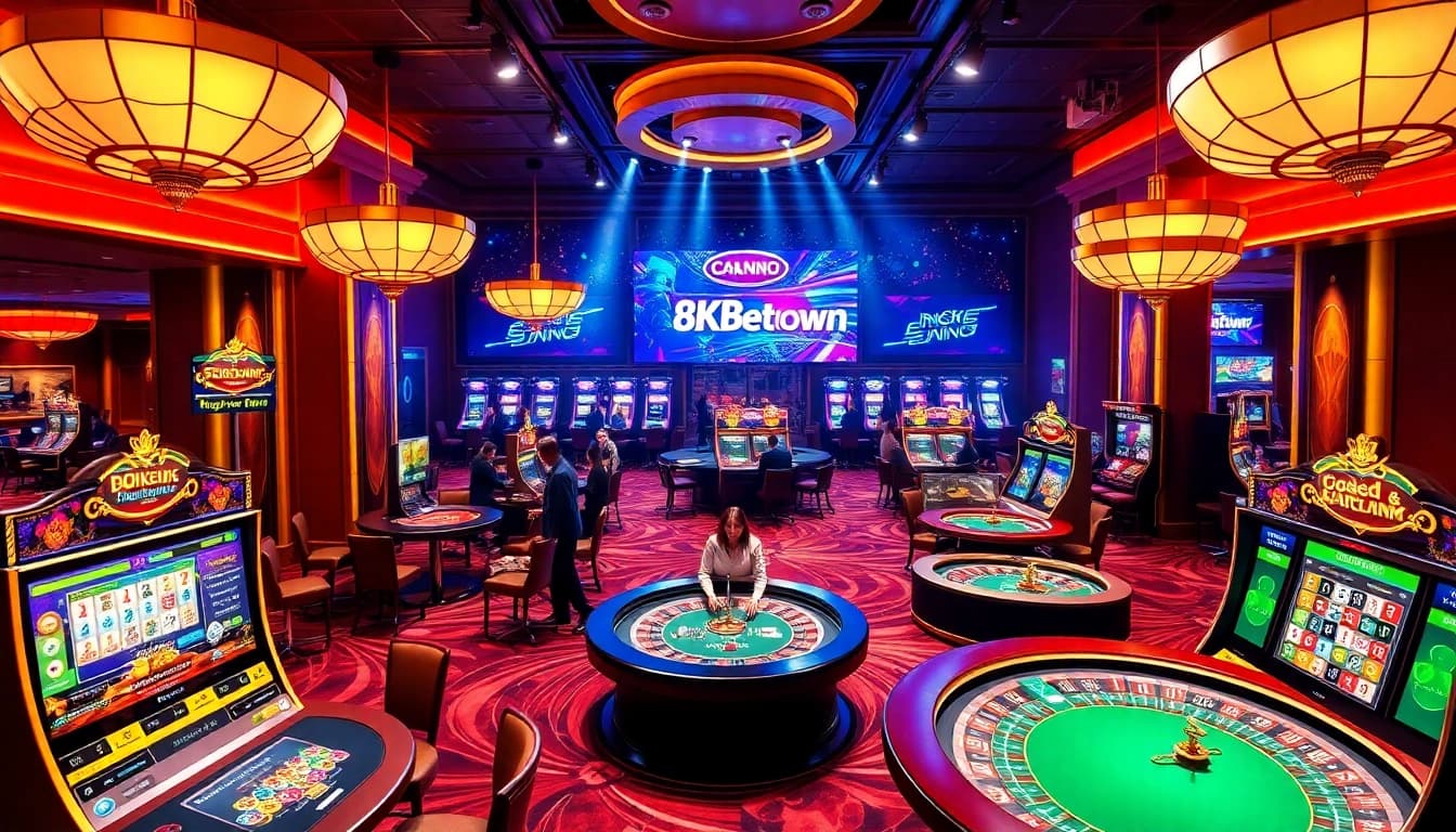 Experience the excitement of online gambling at 8kbet.town with vibrant casino tables.