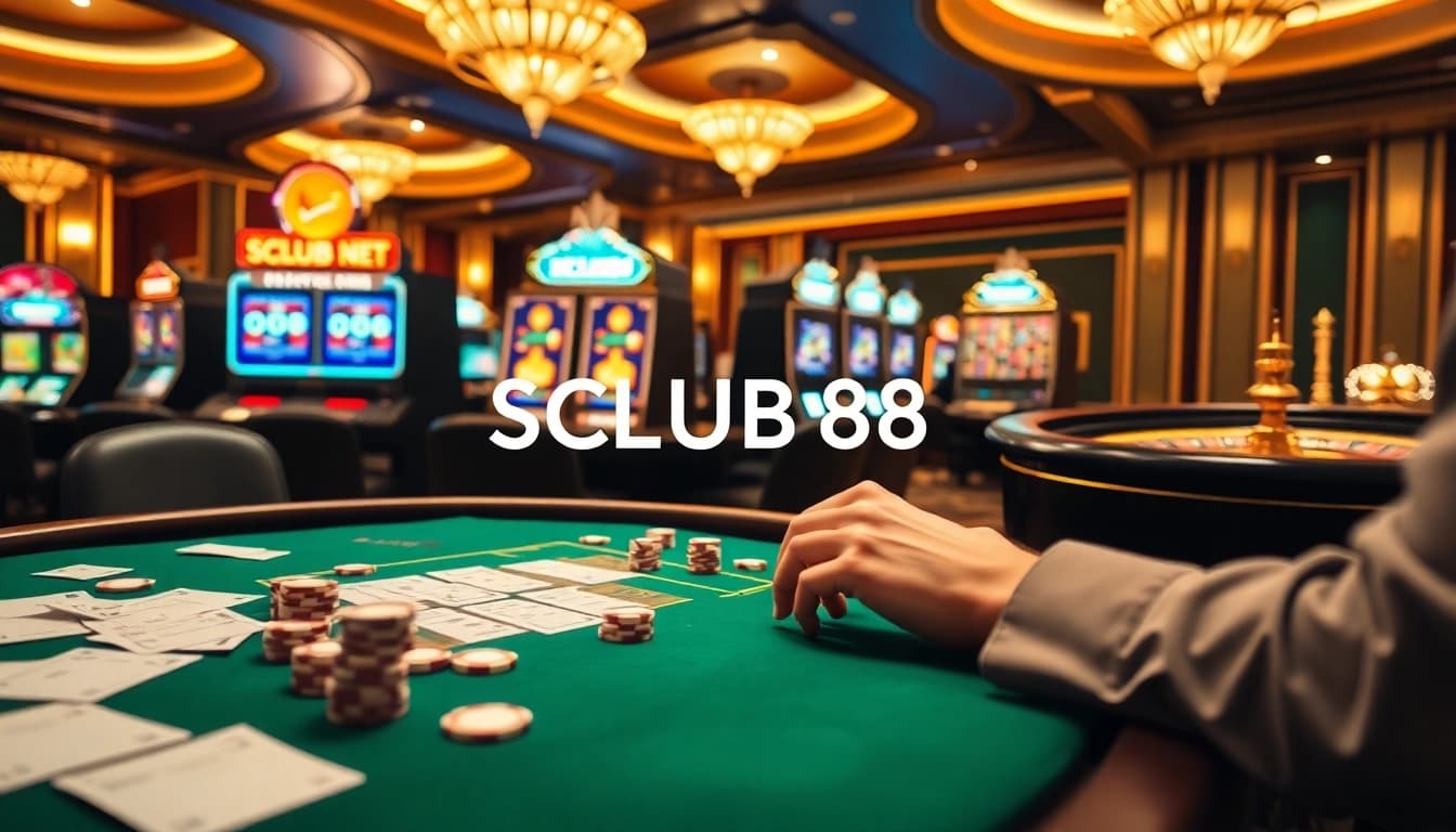 Experience the excitement of SCLUB88 NET at a luxurious casino table full of poker chips and cards.