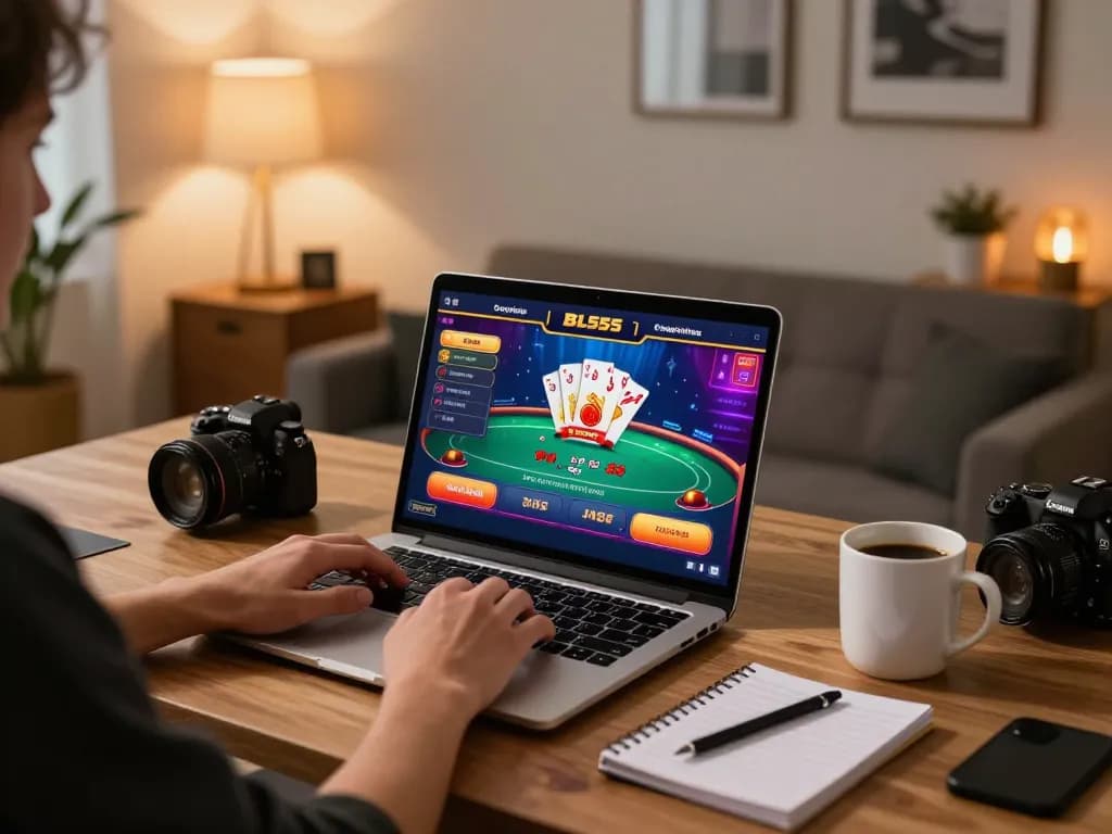 Engaged in online gaming on the BL555 platform, showcasing laptop with vibrant casino graphics.