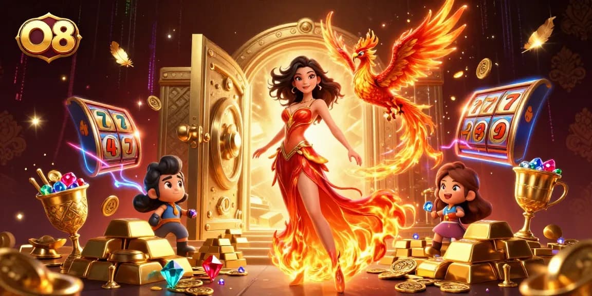 O8 showcases a stunning Asian woman amid slot machines and shimmering treasures.