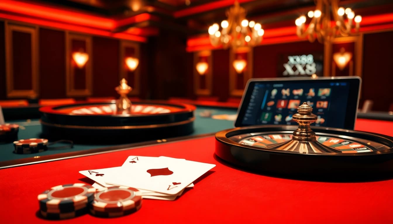 Experience thrilling gameplay at XX88 casino with vibrant tables and immersive gambling visuals.