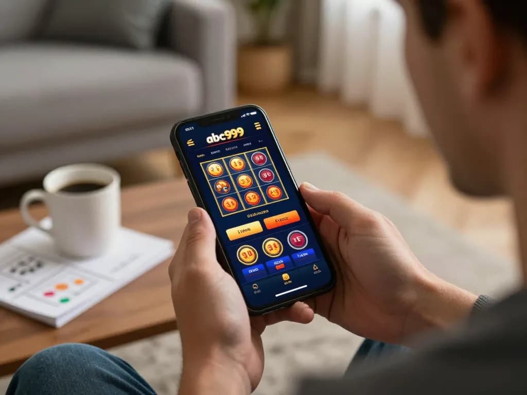 Player engaged with the abc999 betting app in a cozy home setting, enjoying responsible gaming.