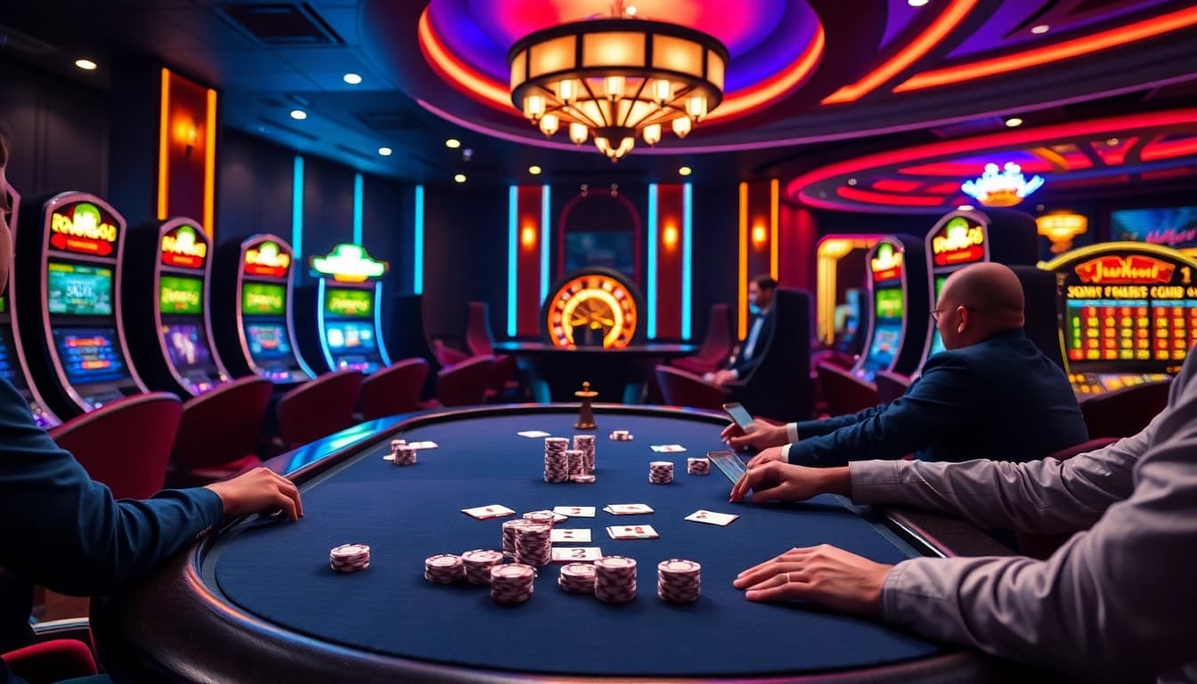 Players enjoying a thrilling poker game at Jun88's luxurious casino tables.