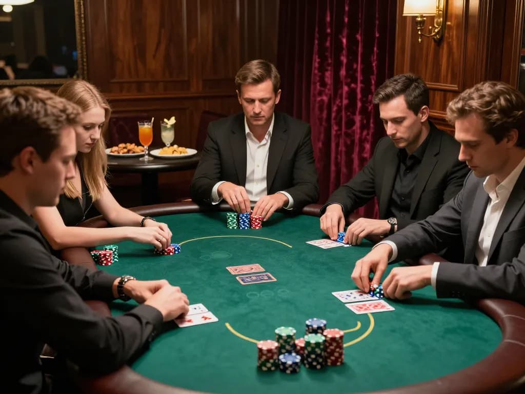 Cá cược Tic88 at an upscale poker night with players showcasing strategies and colorful chip stacks.