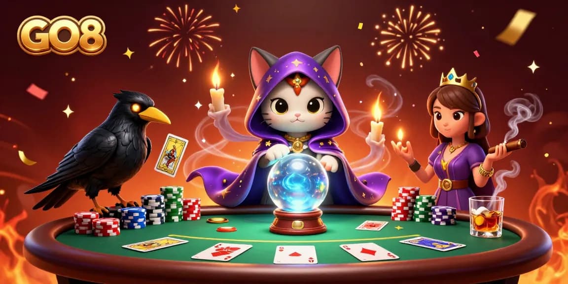 Experience the thrill of GO8 poker with a mystical cat, raven, and vibrant casino elements.