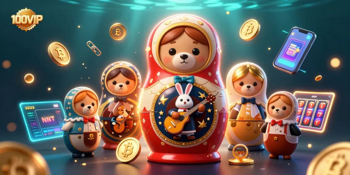 Experience immersive gaming at 100VIP with vibrant casino scenes featuring animated characters and cryptocurrency elements.