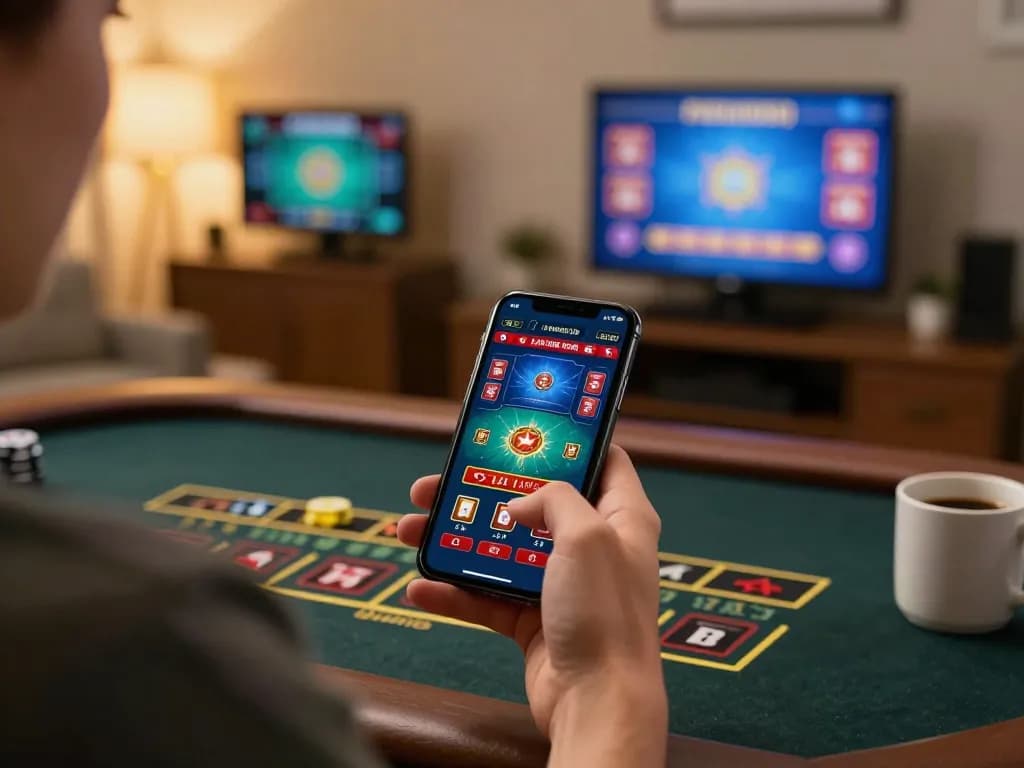 GG88 player engaging with live dealer blackjack on smartphone in a cozy home setting