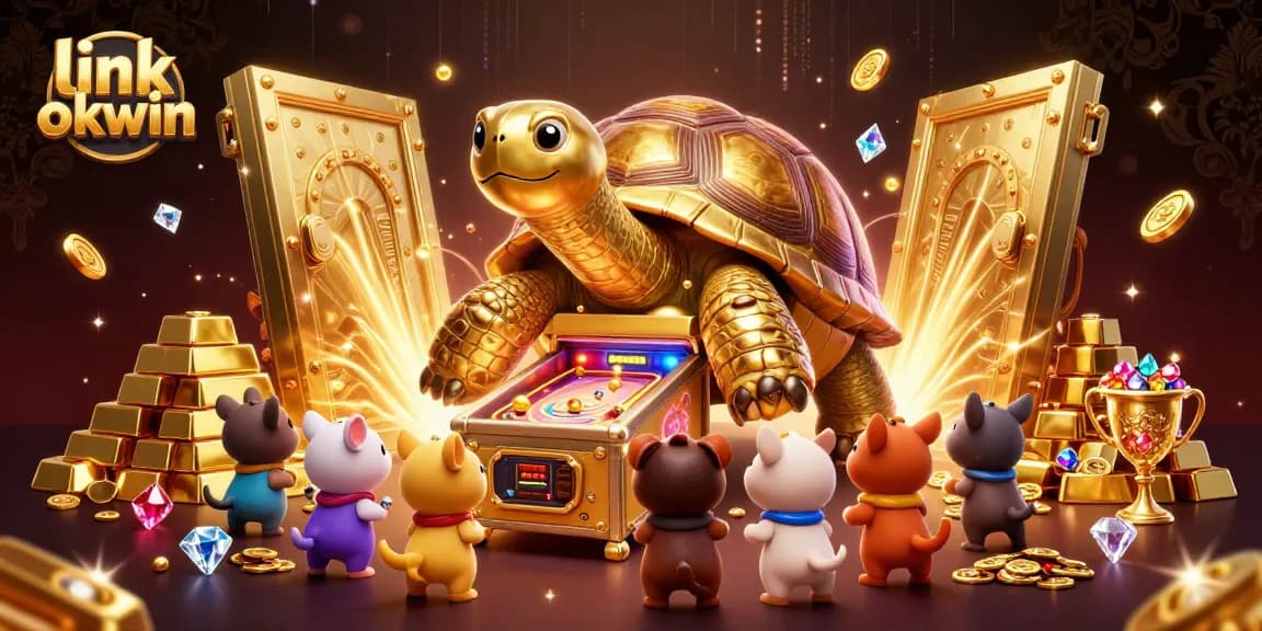 Spin and win at link okwin with a vibrant 3D casino scene featuring a golden tortoise pinball.