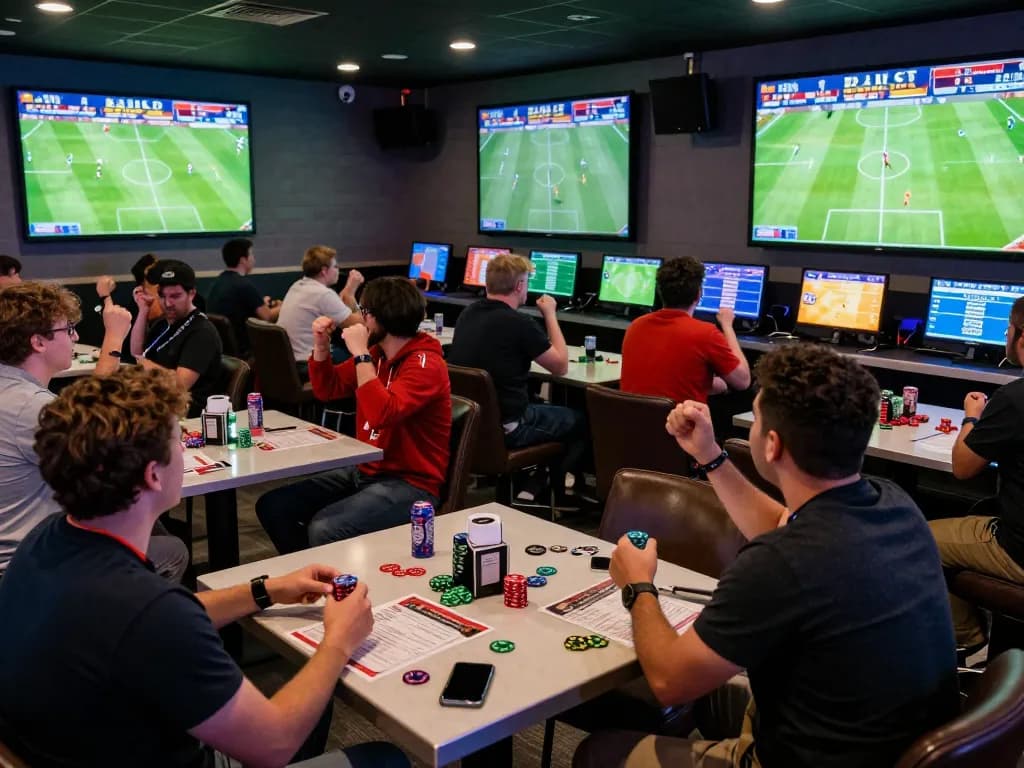 Watch live kết quả bóng đá while betting on exciting matches with friends in a vibrant sportsbook lounge