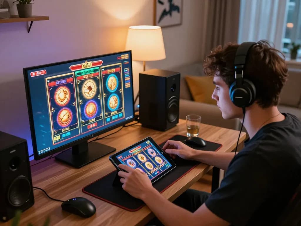 Engaging with LV88 online slot games on a tablet in a cozy home setting.